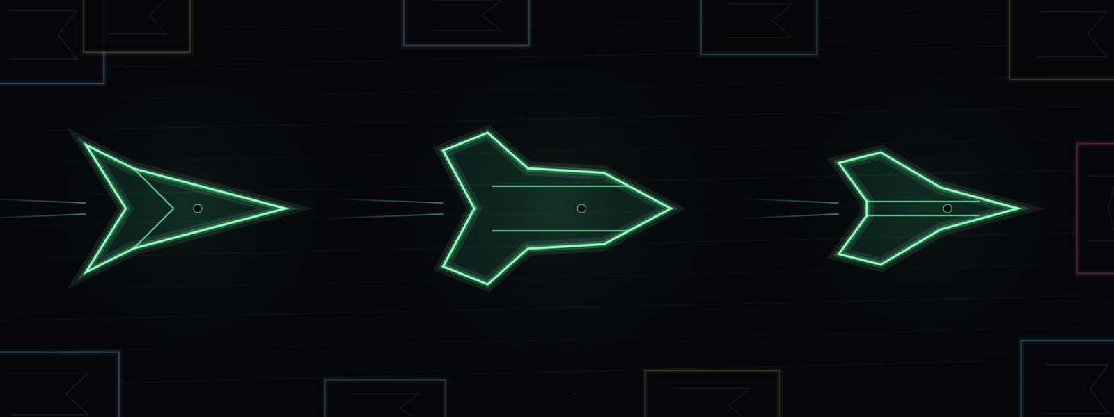 The Vector, Mauler and Wasp ships shown side by side in mint neon.