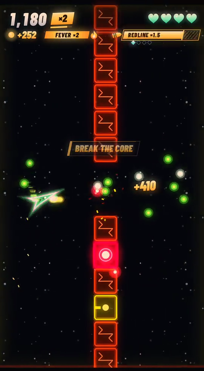 Flak Runner gameplay: the neon gunship at a sector gate, Redline on.